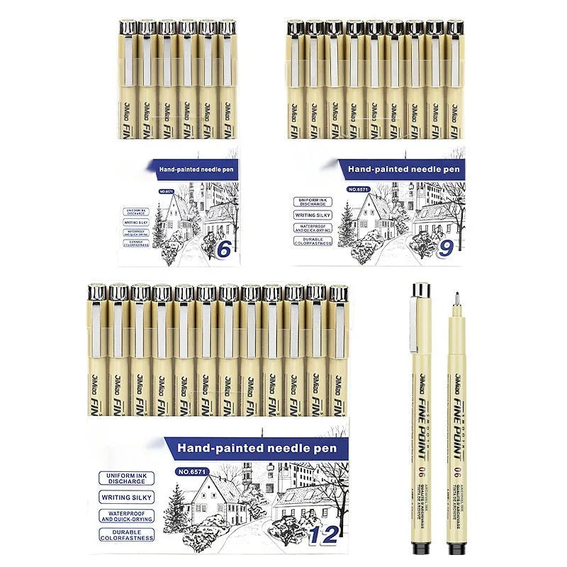 Waterproof hook line art cartoon design needle pen with black refill and 133mm plastic body for painting and writing
