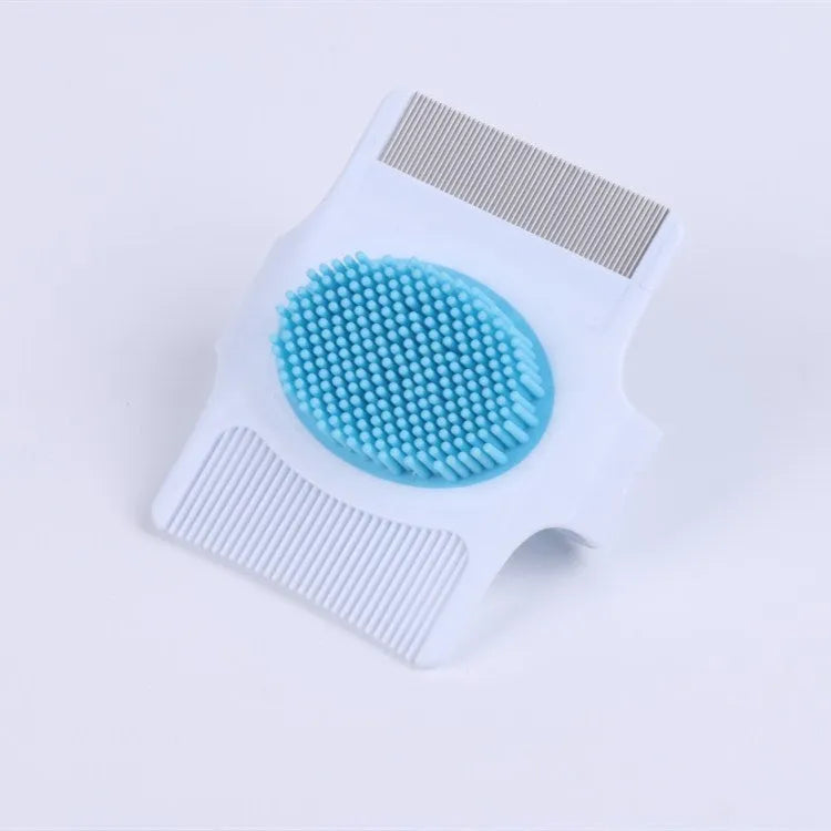 Blue and green 8.5cm dog grooming comb with floating hair removal and massage bristles