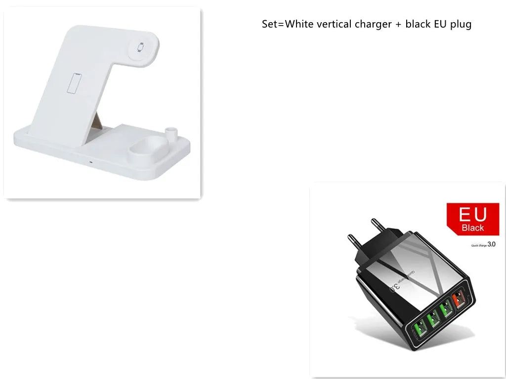 White 4-in-1 wireless charging station with phone on adjustable stand, Apple Watch, AirPods and Apple Pencil charging.