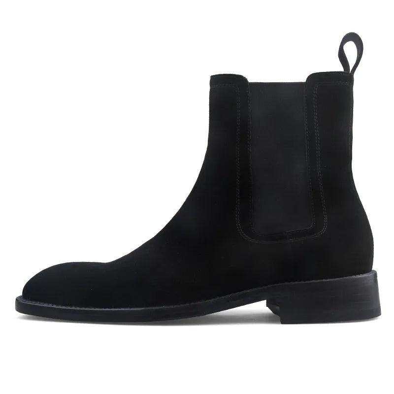 Handmade men's genuine cow suede retro boots with round toe and medium tube height
