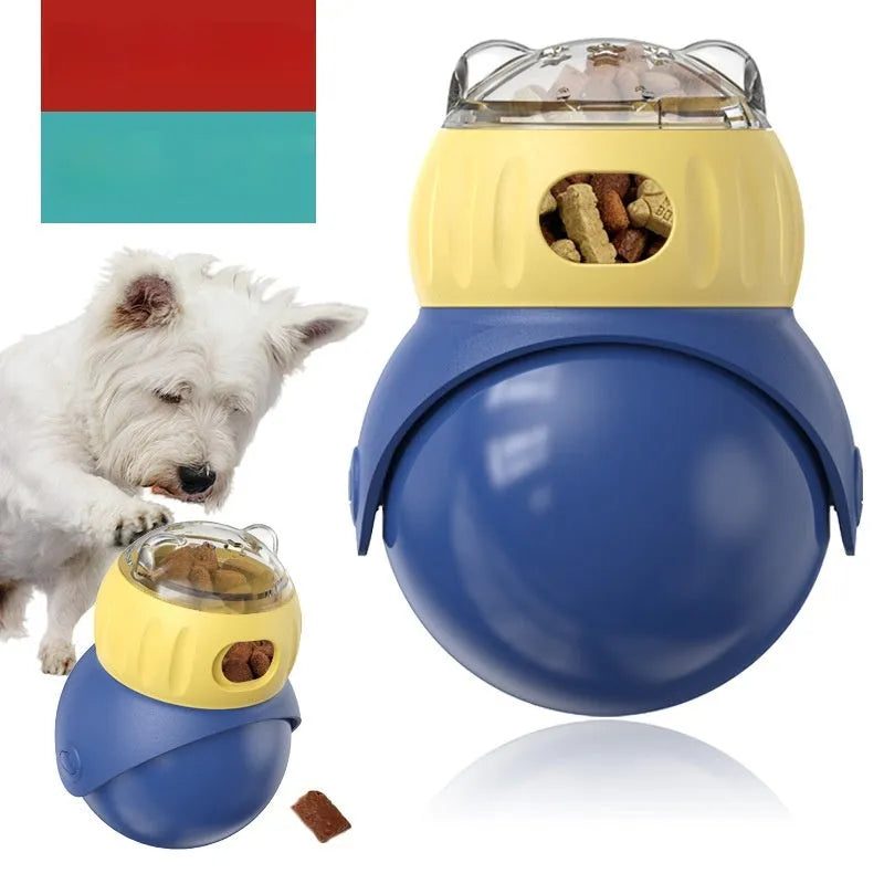 Yellow and blue owl-shaped plastic tumbler cat puzzle feeder toy on a plain background.