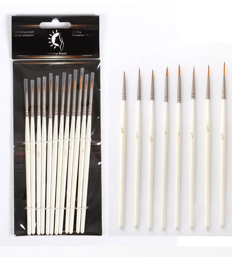 Set of 12 hook line art brushes with nylon wool bristles and wood handles for watercolour painting