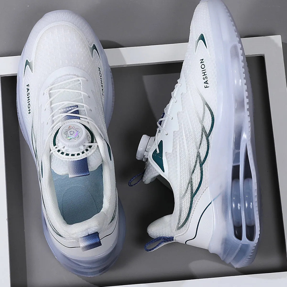 White rotating button Korean style casual shoes with mesh upper and rubber sole
