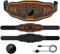 Blue and orange rechargeable EMS fitness massage belts with host units and arm stickers.