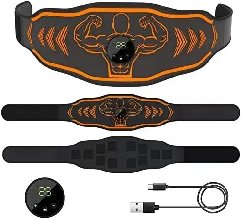 Blue and orange rechargeable EMS fitness massage belts with host units and arm stickers.