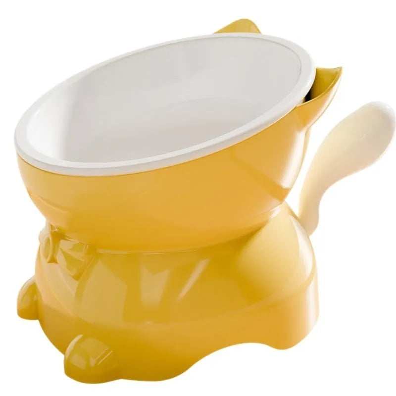 Stainless steel slanted anti-tip cat bowl in colour options of black, blue, pink, and yellow.