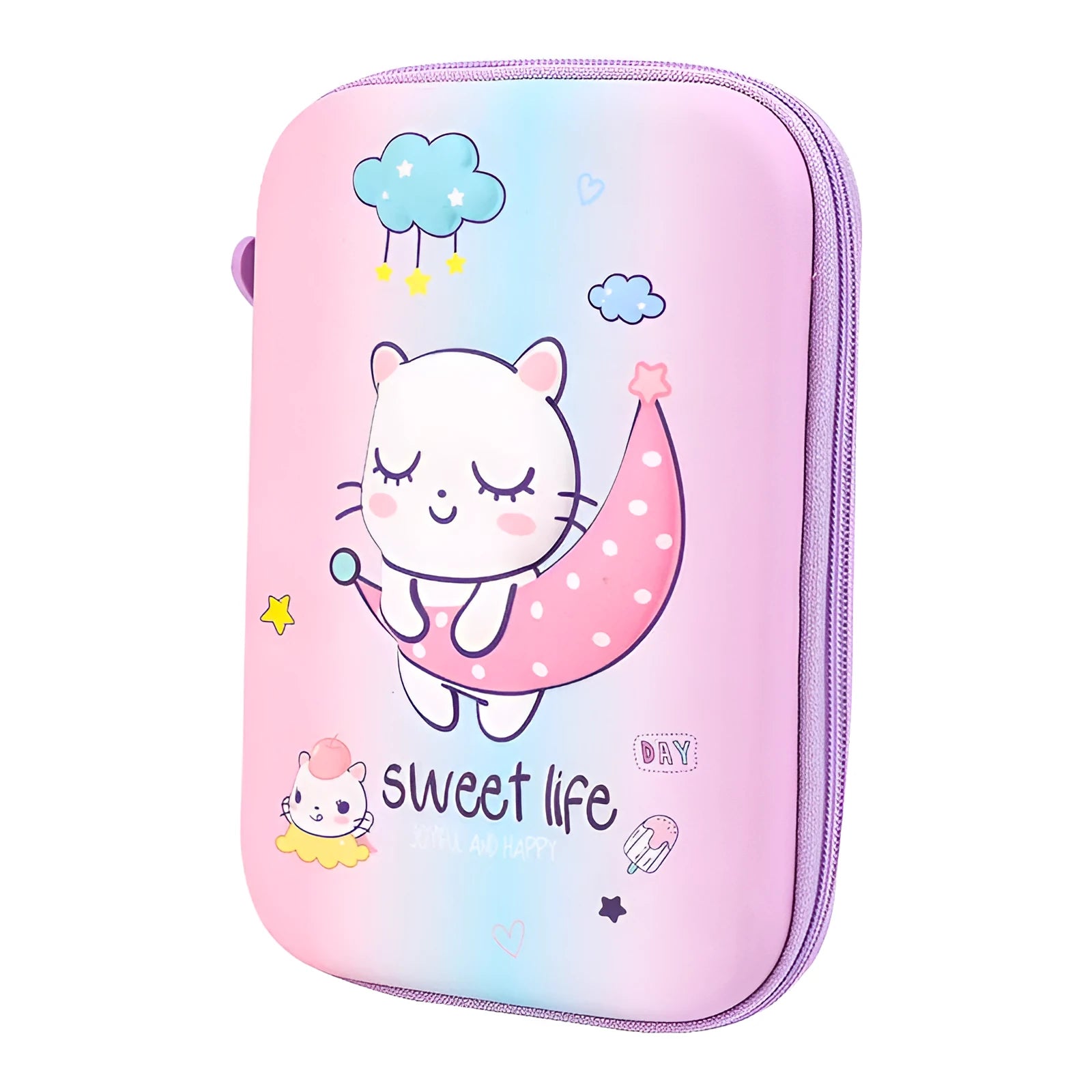 Canvas square pencil case with large capacity, showing cartoon anime print options of rabbit, dinosaur, and moon cat.