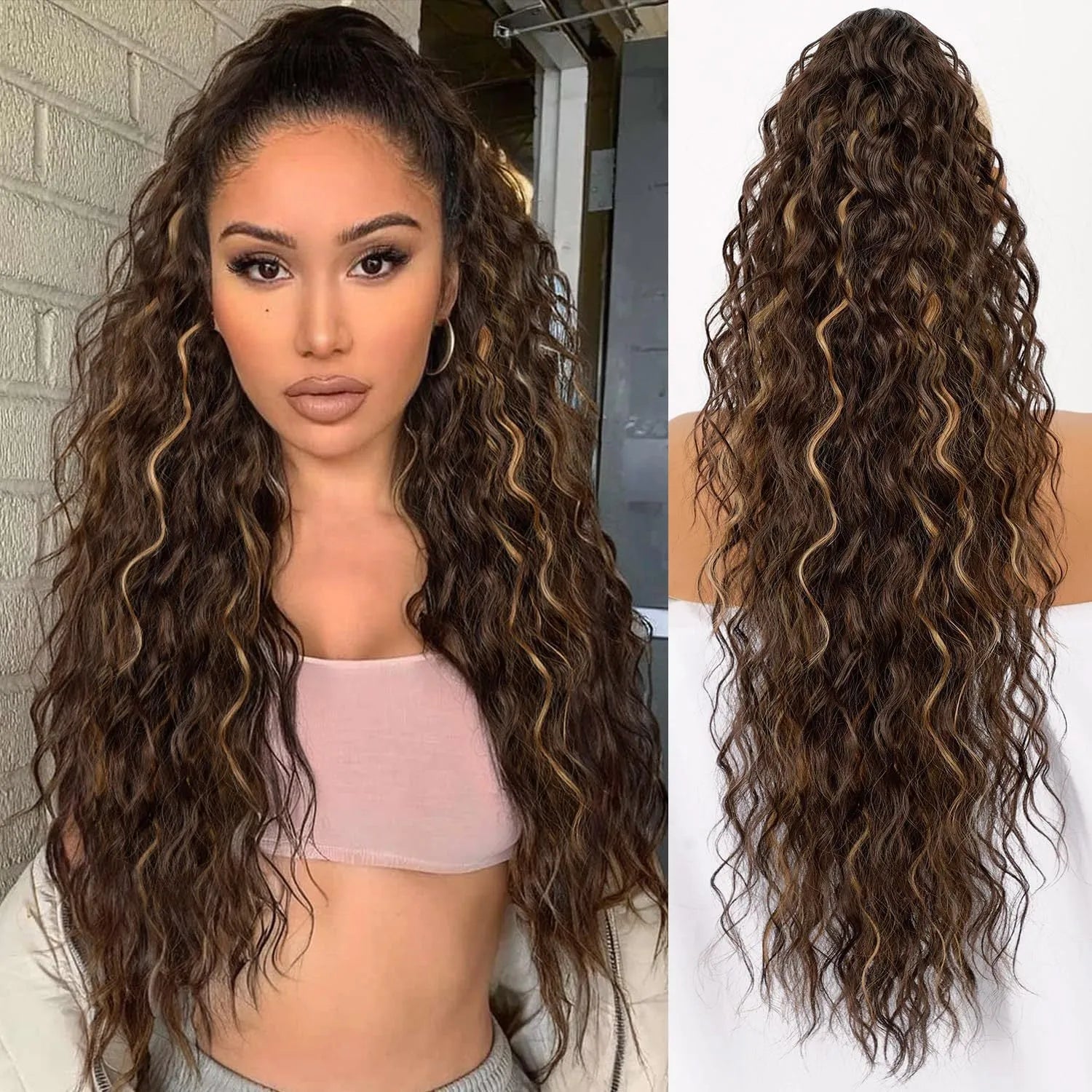 Long curly synthetic ponytail wig in high temperature fibre, 30 inches in length.