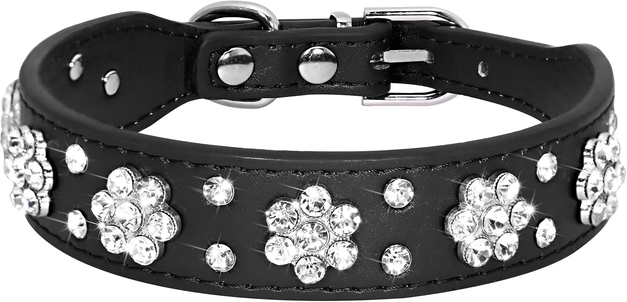 Black PU leather dog collar with sparkling rhinestone flower pattern and metal studs, showing adjustable eyelets and D-ring.