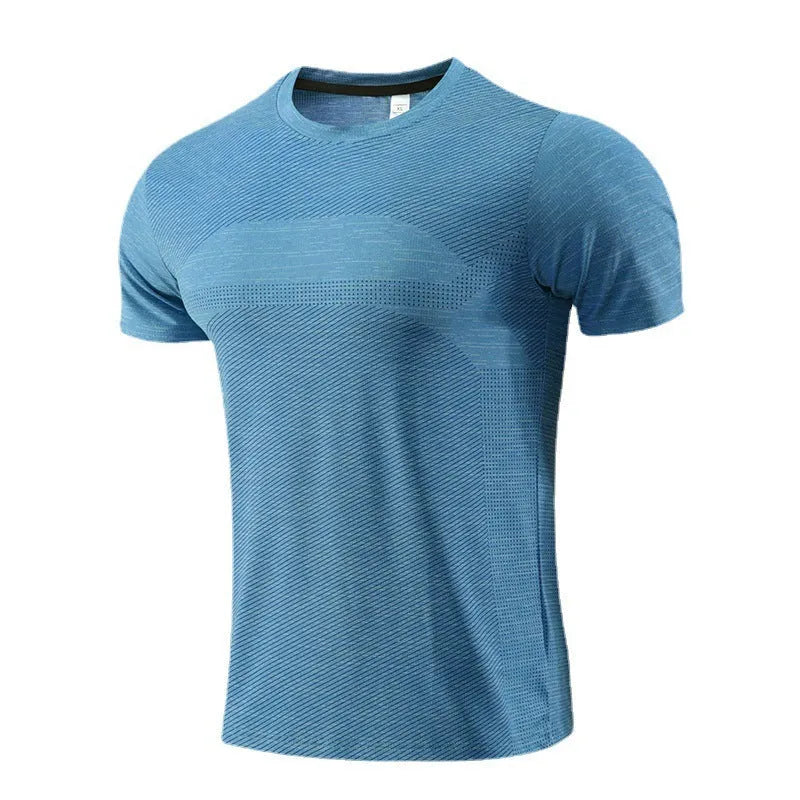 Men's short-sleeved athletic t-shirt for running and basketball in a polyester spandex fabric.