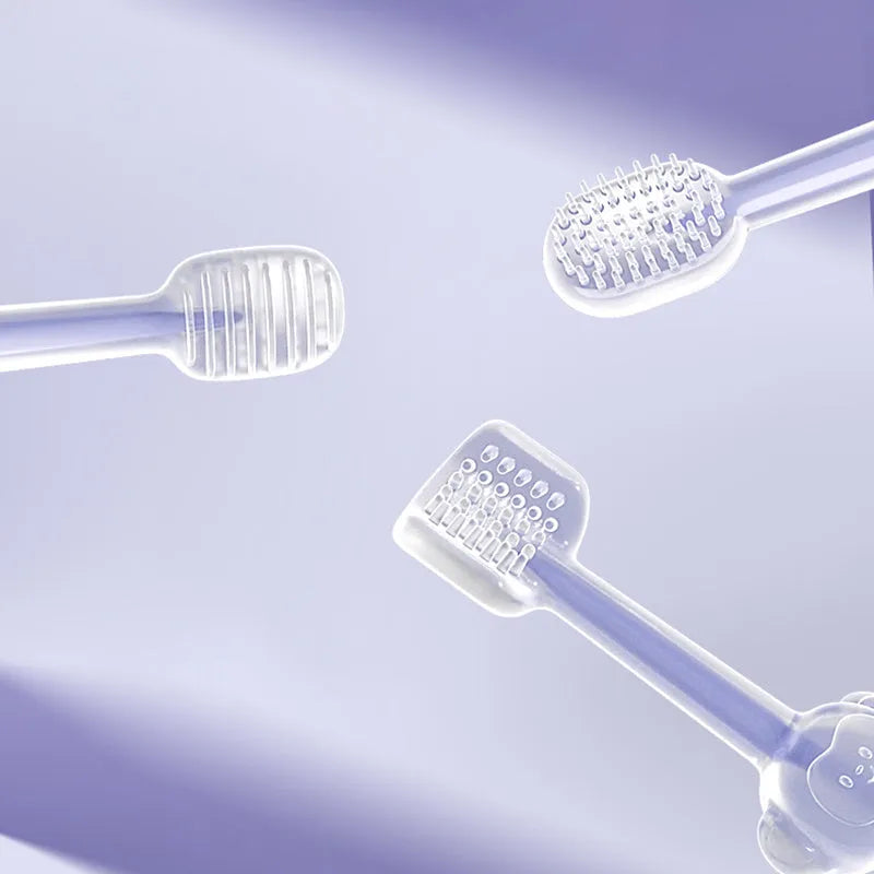 Purple silicone-bristled pet toothbrush for cleaning dog and cat teeth.