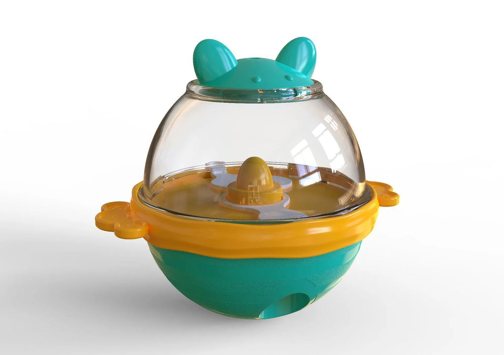 Yellow TPR tumbler pet feeder toy for dogs with food-dispensing design