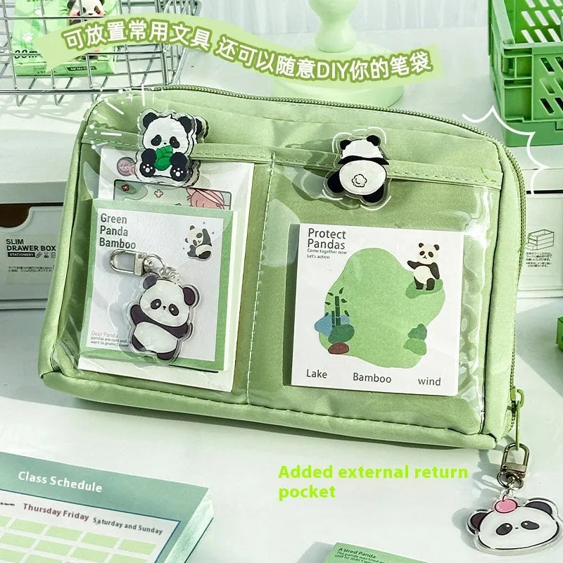 Green canvas panda pencil case with 12-layer organisation showing Korean style design