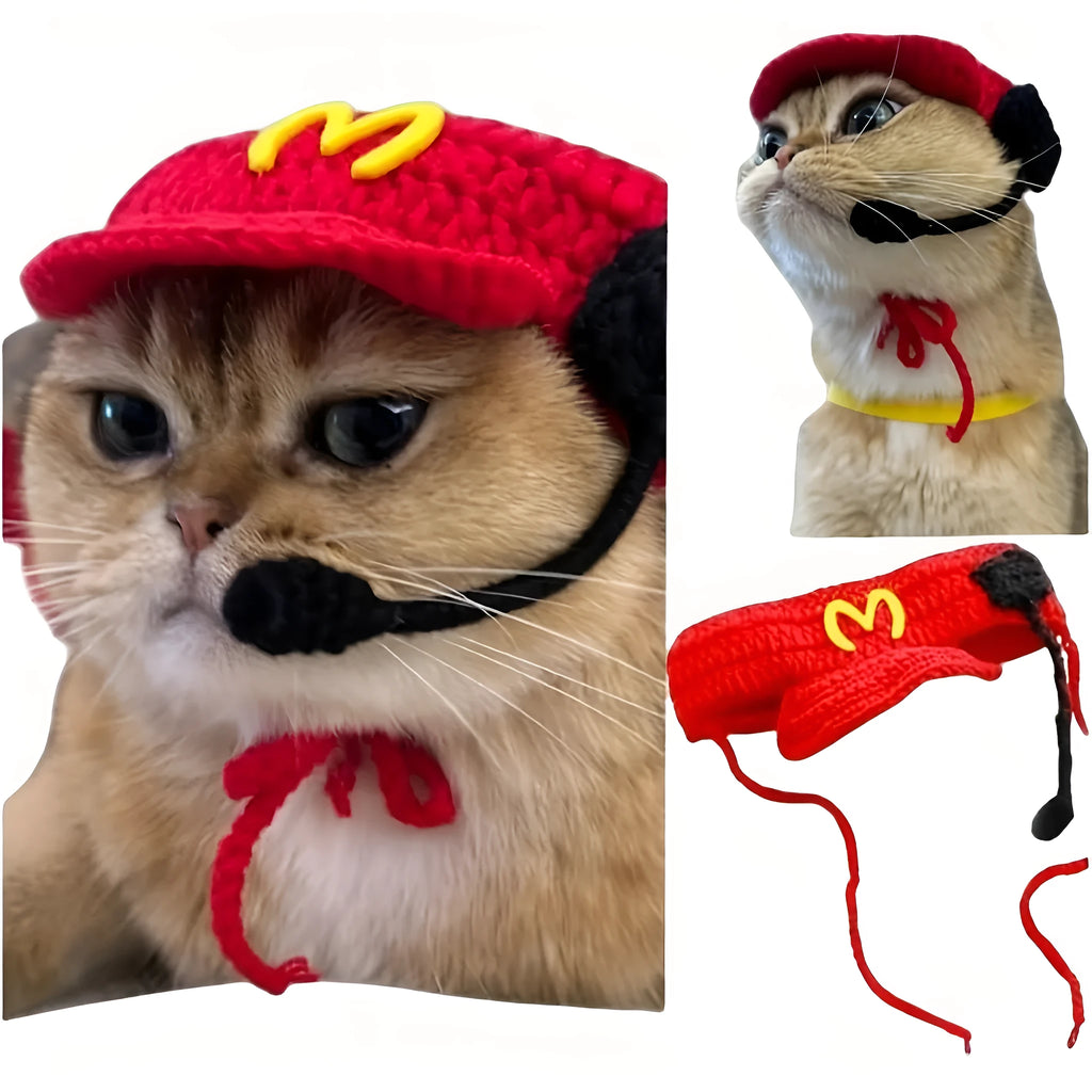 Handmade cotton knitted cat sweater with matching chef hat for birthday celebrations