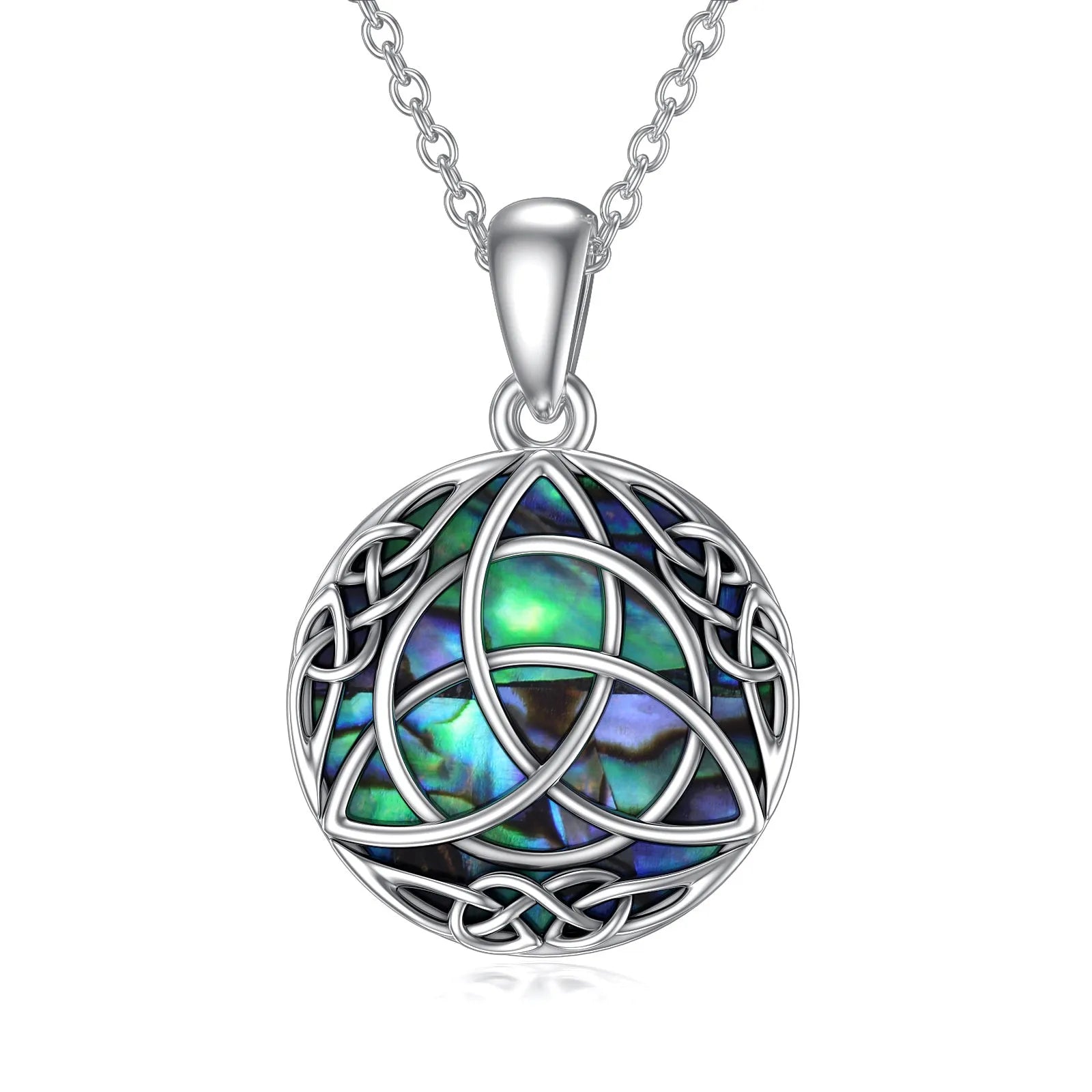 Vintage sterling silver trinity Celtic knot necklace with simulated abalone shell pendant on white gold plated chain