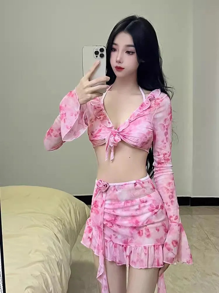 Women's floral swimsuit bikini set in cherry blossom pink with polyester fabric