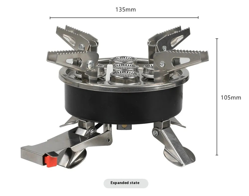 Silver portable stainless steel split camping stove shown unfolded with a 100cm fuel hose.