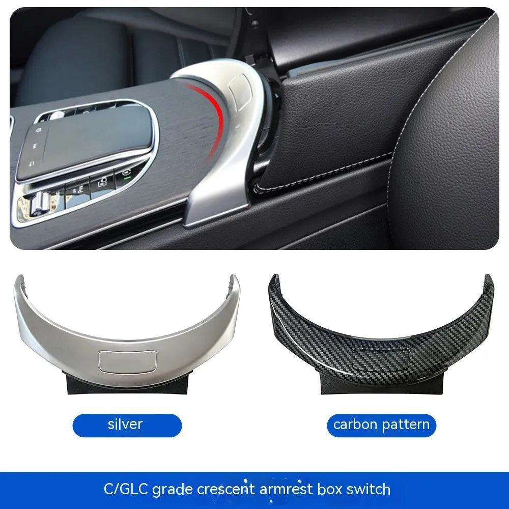 Electroplated armrest button panel for Mercedes C/GLC in silver, black, and carbon pattern finishes