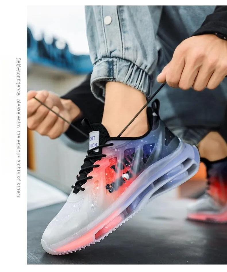 Men's grey orange platform casual trainers with mesh upper and lace-up front.