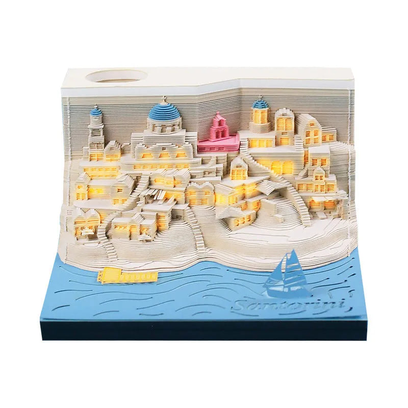 Santorini beach 3D paper carving notepad measuring 9x9x5 cm