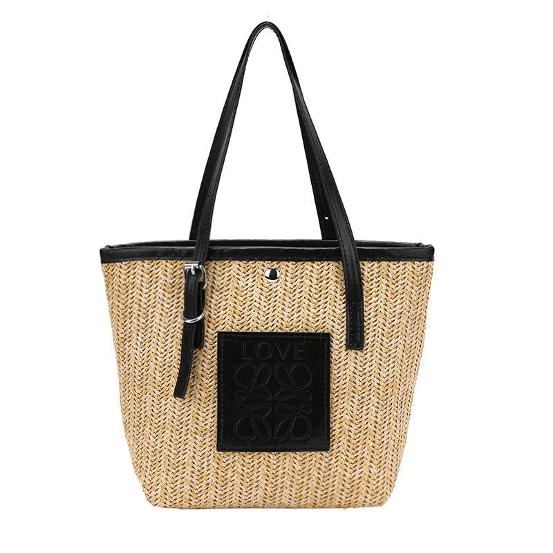 Women's woven straw shoulder bag with European retro style showing large opening and three-dimensional pockets