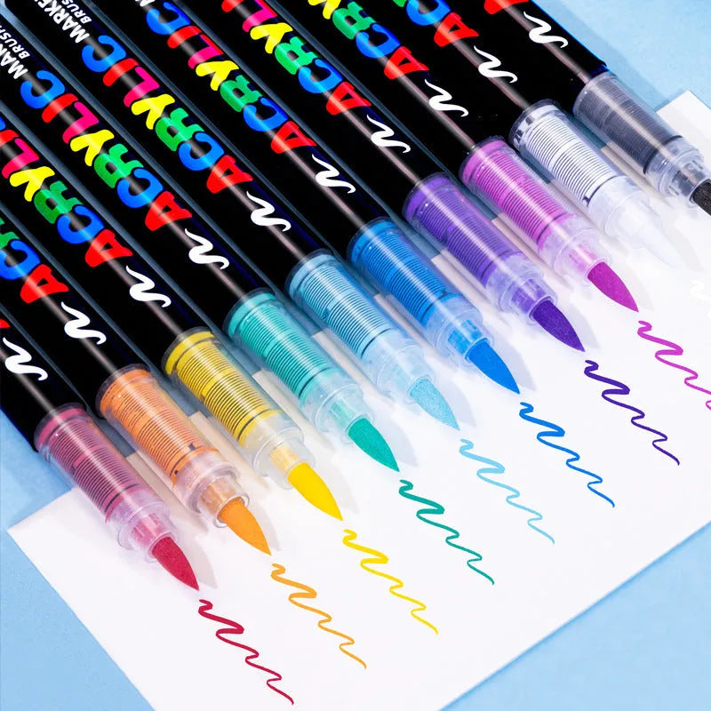 Set of straight liquid acrylic marker pens with soft felt tips, arranged by colour.