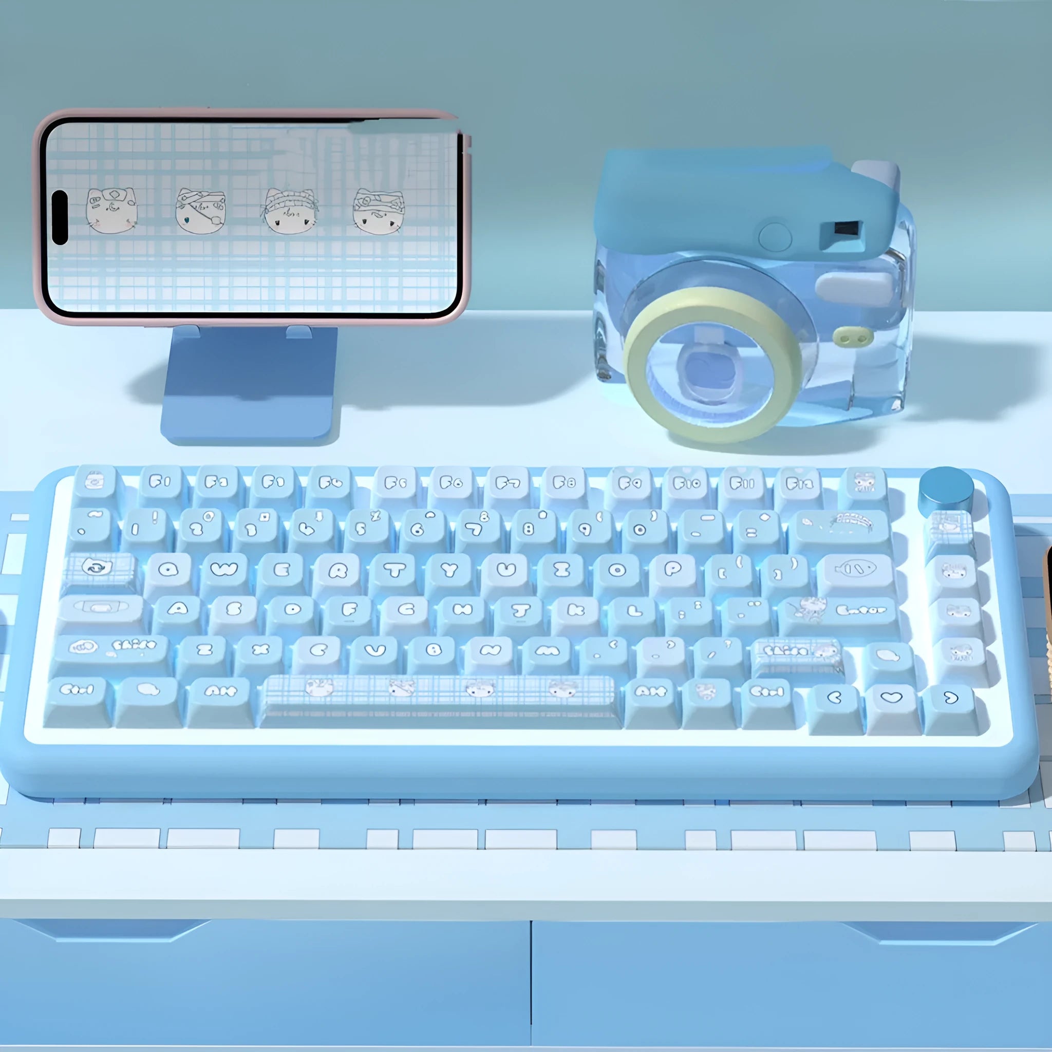Watercolor kitten design custom mechanical keyboard keycaps with PTB construction and sublimation printing