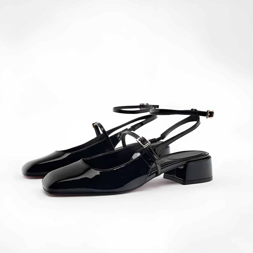 Women's black patent leather block heel square toe open back sandals with 4CM heel