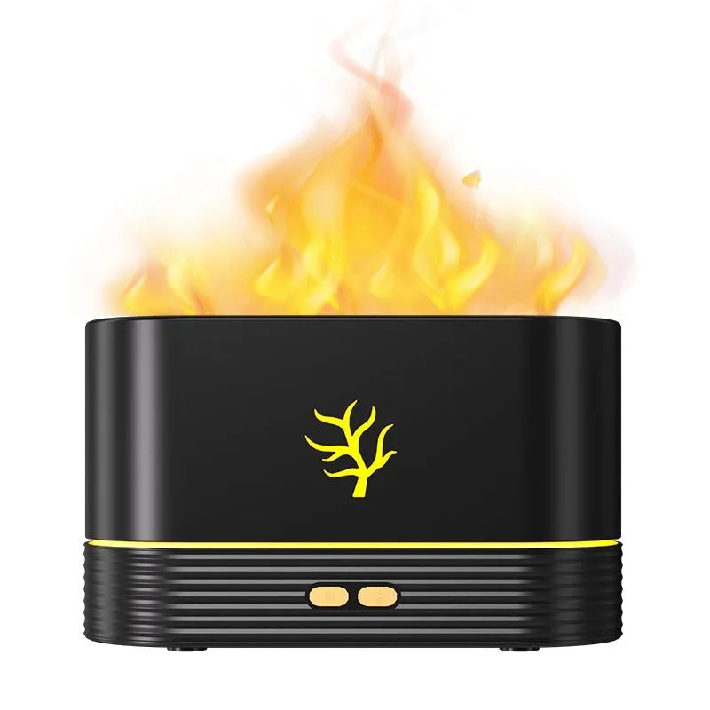 Square black or white USB flame humidifier with LED fire simulation and aromatherapy function
