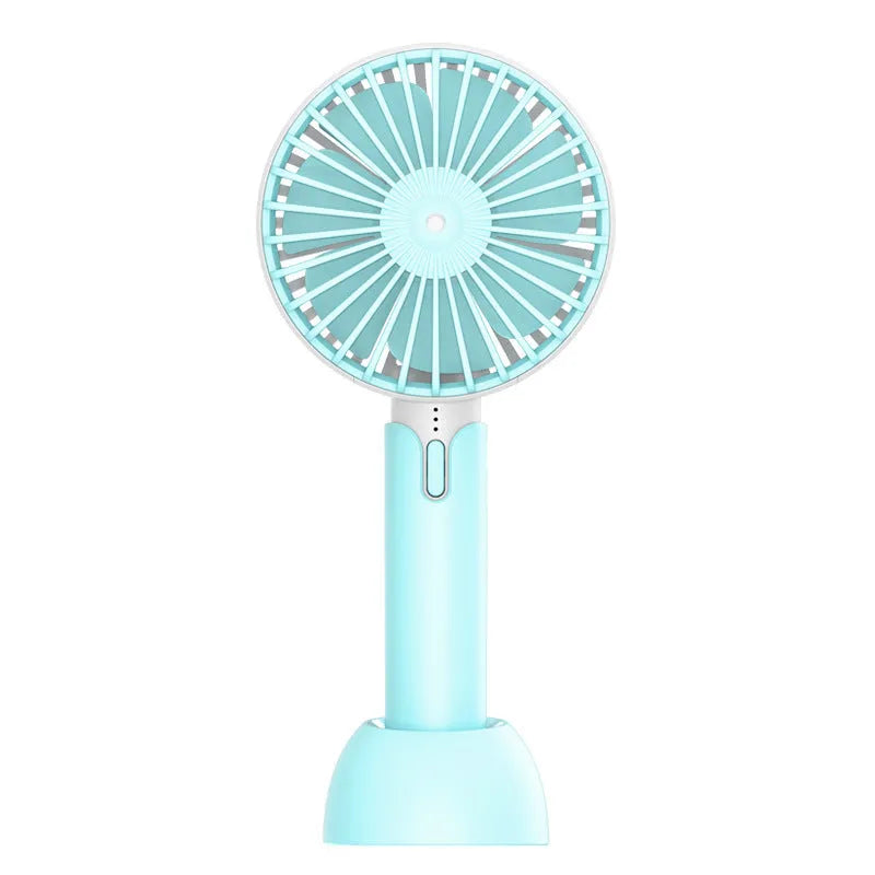 Blue handheld USB electric fan with speed control buttons and oscillation function on desktop