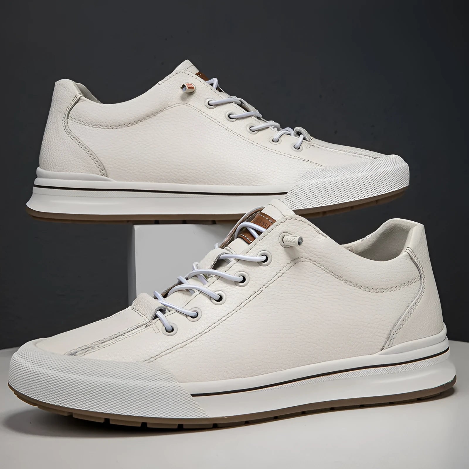 Men's white matte leather casual shoes with a 6cm platform and round toe on a plain background.