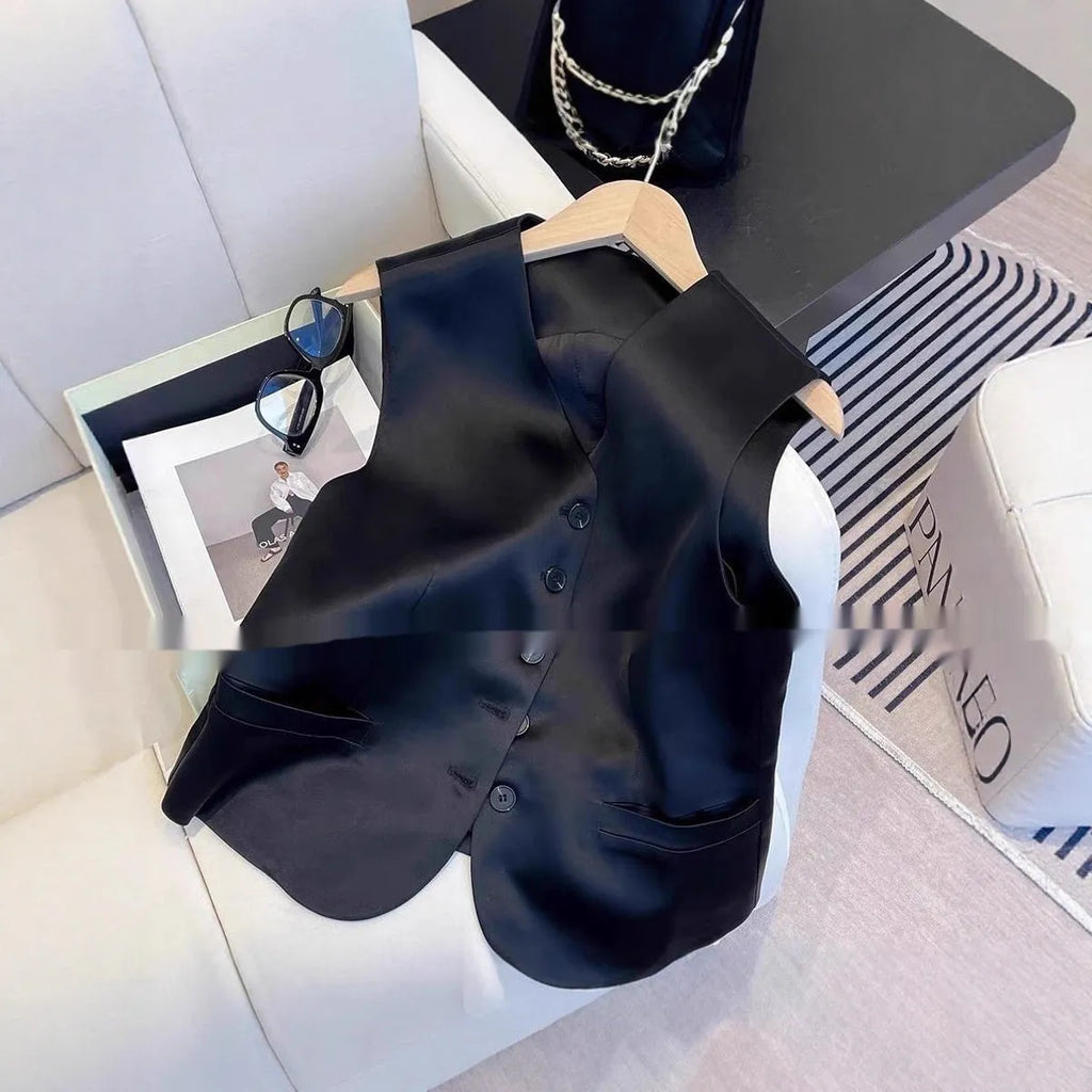 Black satin ladies' sleeveless vest on a hanger, showing loose fit.
