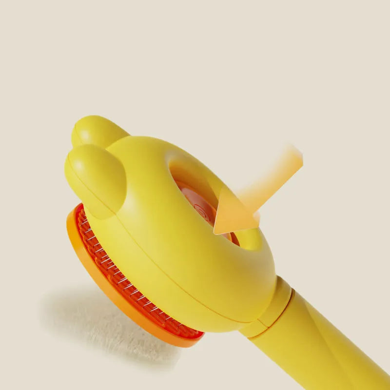 Self-cleaning pet grooming brush with stainless steel comb and comfort-grip handle in multiple colours