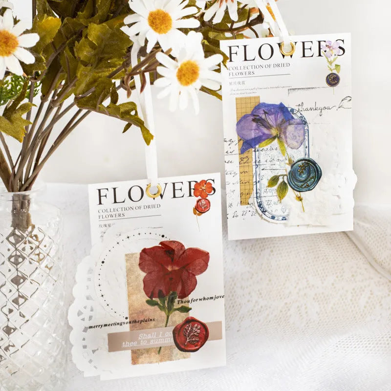 Dried flower journal decoration sticker set showing eight artistic styles on 70mm PET sheets