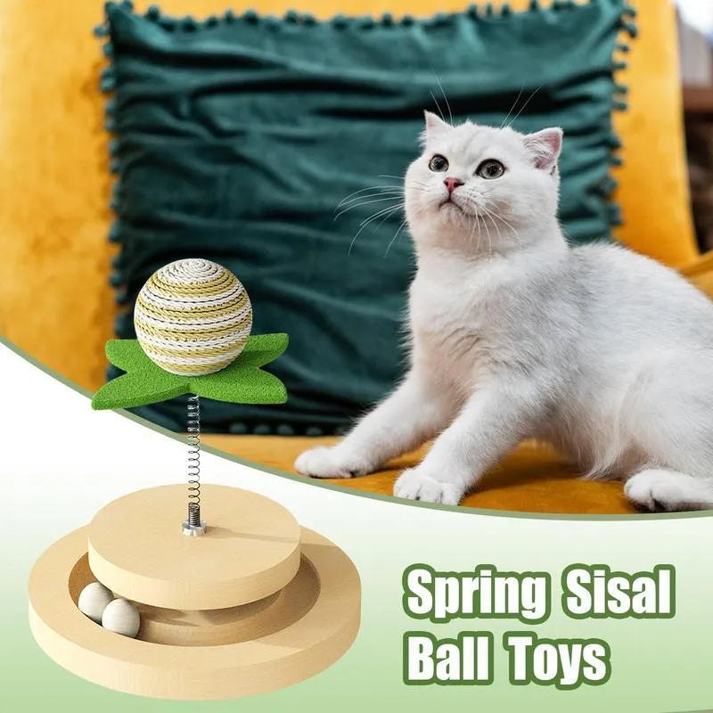 Green sisal cat scratching pad with interactive ball track and rotating spring ball toy