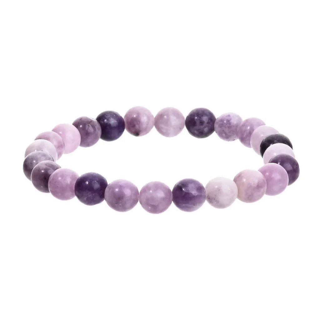 Handcrafted purple natural stone elastic bead bracelet with geometric beads.