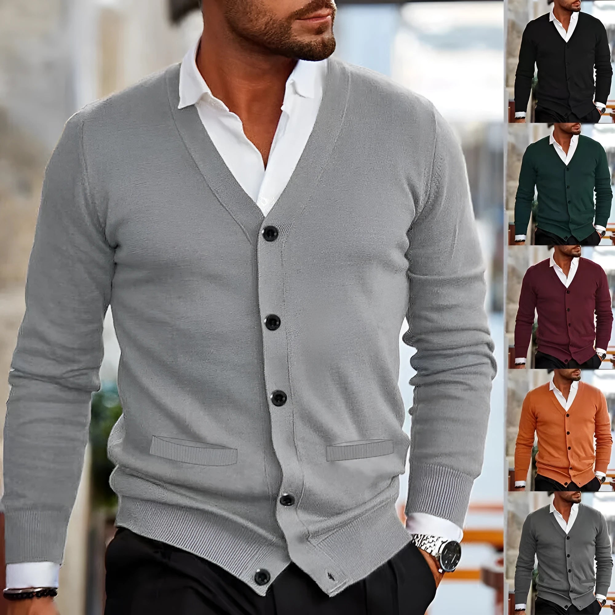 Men's slim fit acrylic cardigan sweater coat in dark grey colour showing long sleeve design and button front