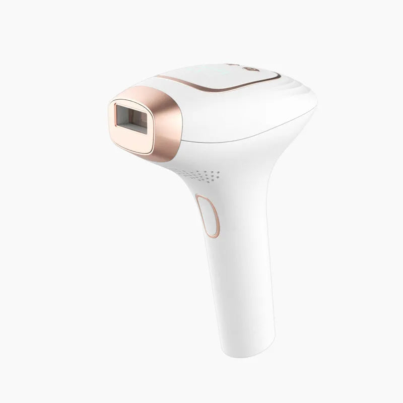 Pink and white three-in-one ice-sensing laser hair removal device with included shaver and safety glasses