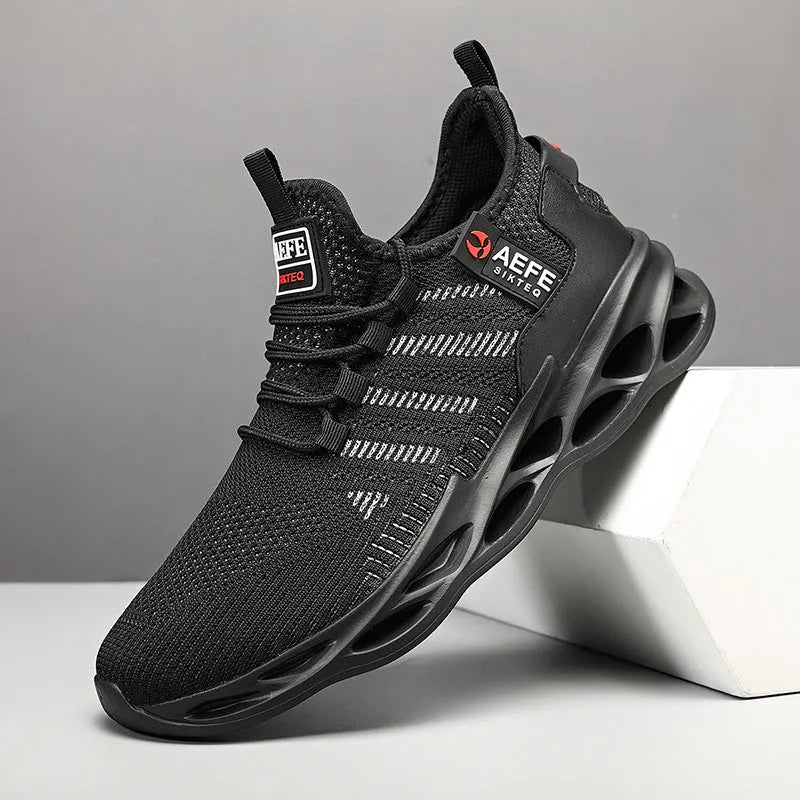Men's black mesh casual running shoes with cross straps and round toe in Korean style