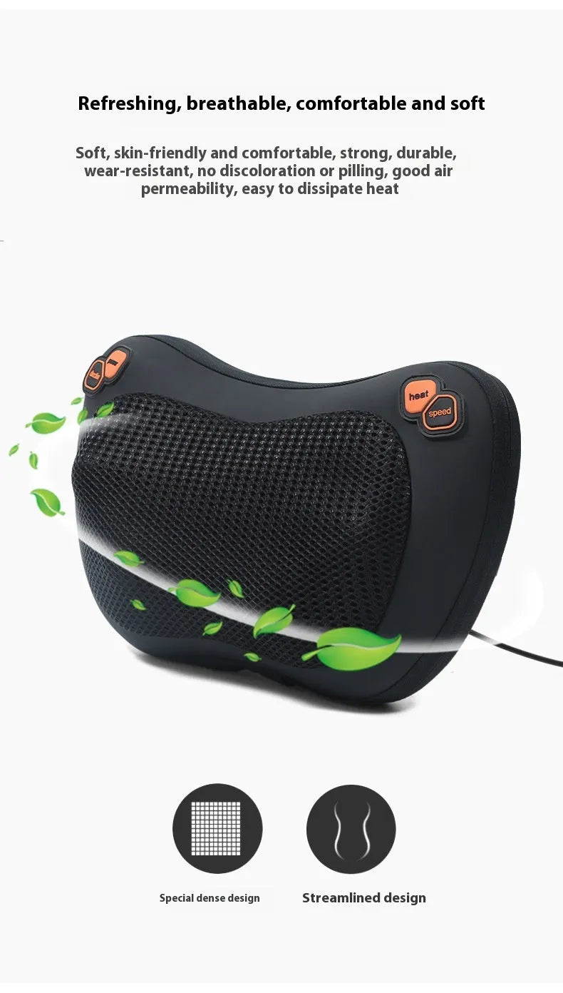 Black genuine leather neck and shoulder massage pillow with 8 massage heads, shown on a car seat.