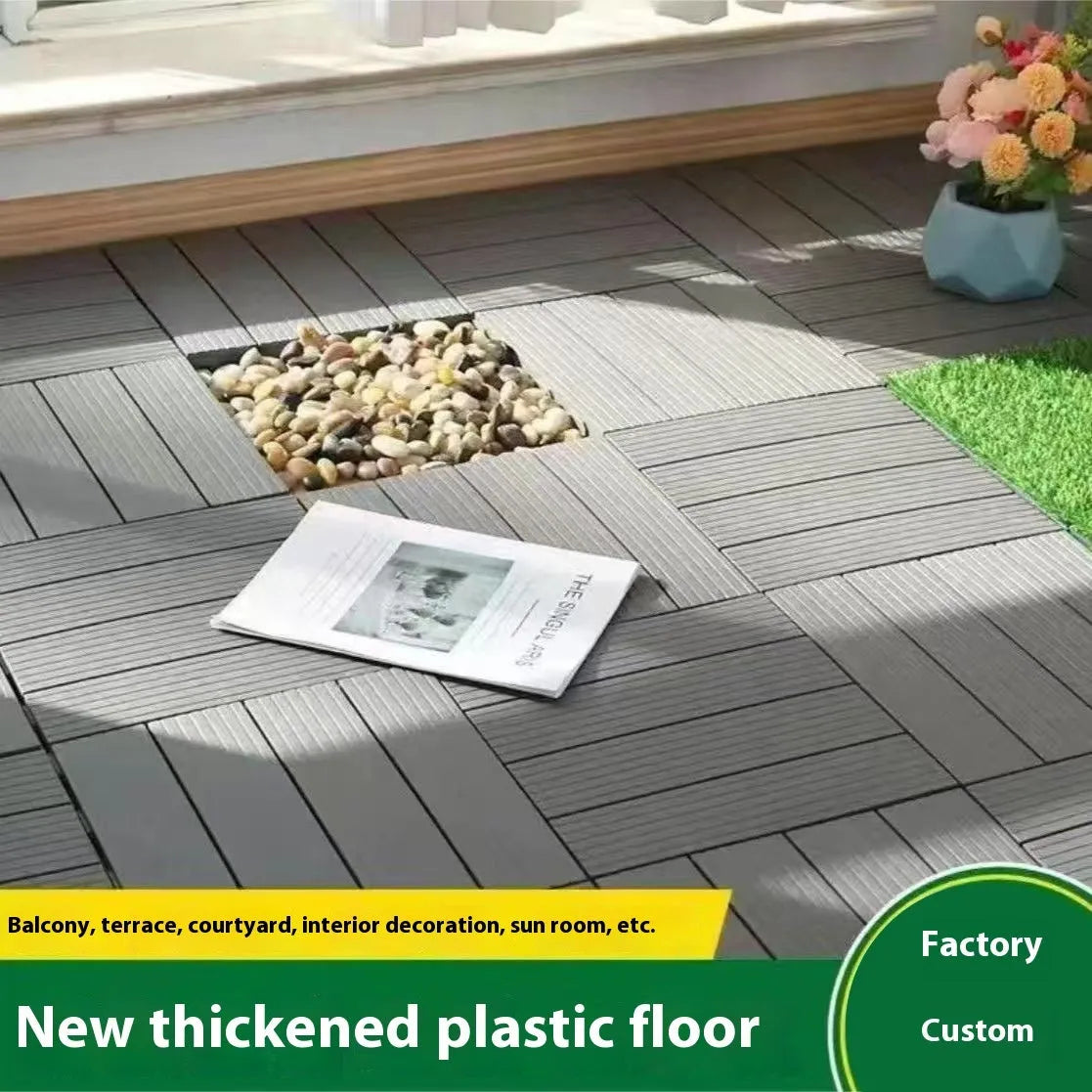 Set of ten square plastic floor tiles with wood grain texture in various colour options.