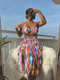 Women's printed beach bikini three-piece set with swimsuit top, briefs, and matching skirt in high-elasticity fabric