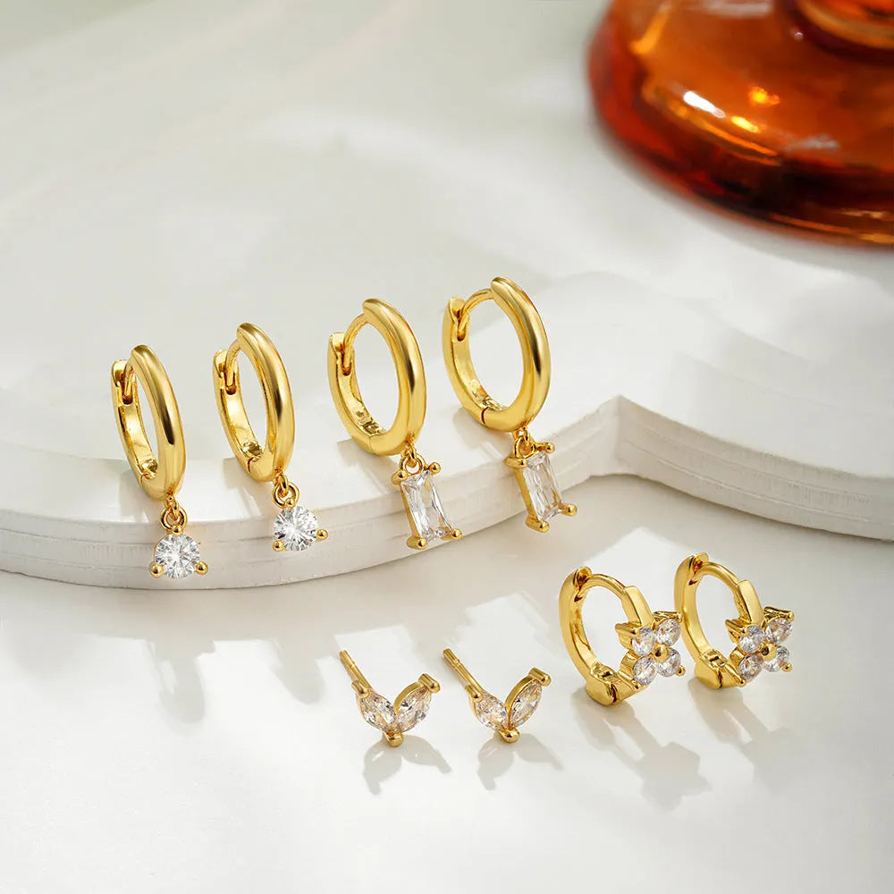 Geometric square copper earrings with zircon accents in gold or silver electroplated finish
