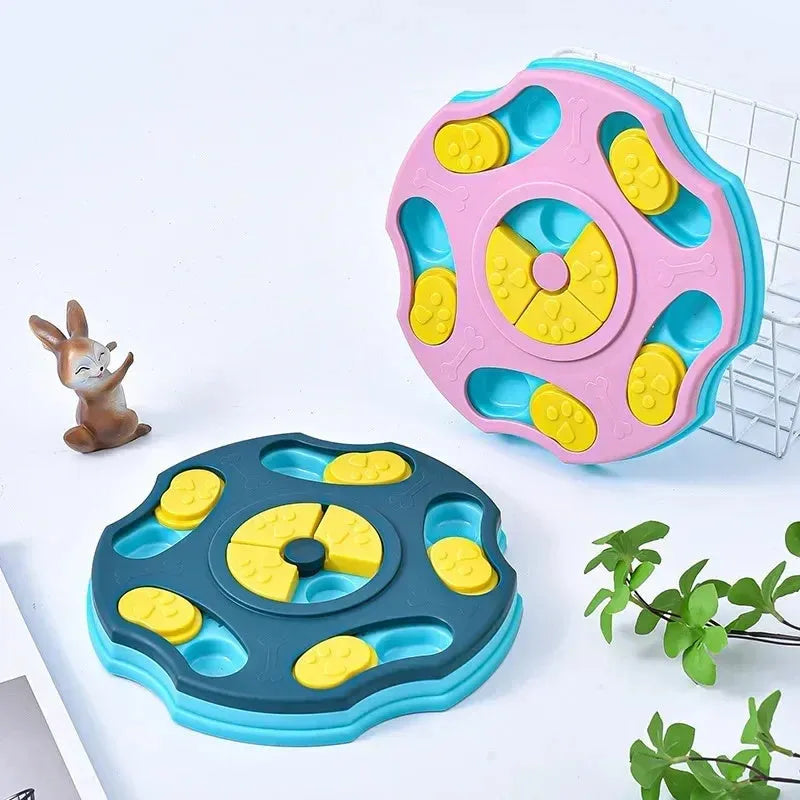 Blue plastic dog puzzle feeder toy with interactive food searching compartments for aggressive chewers
