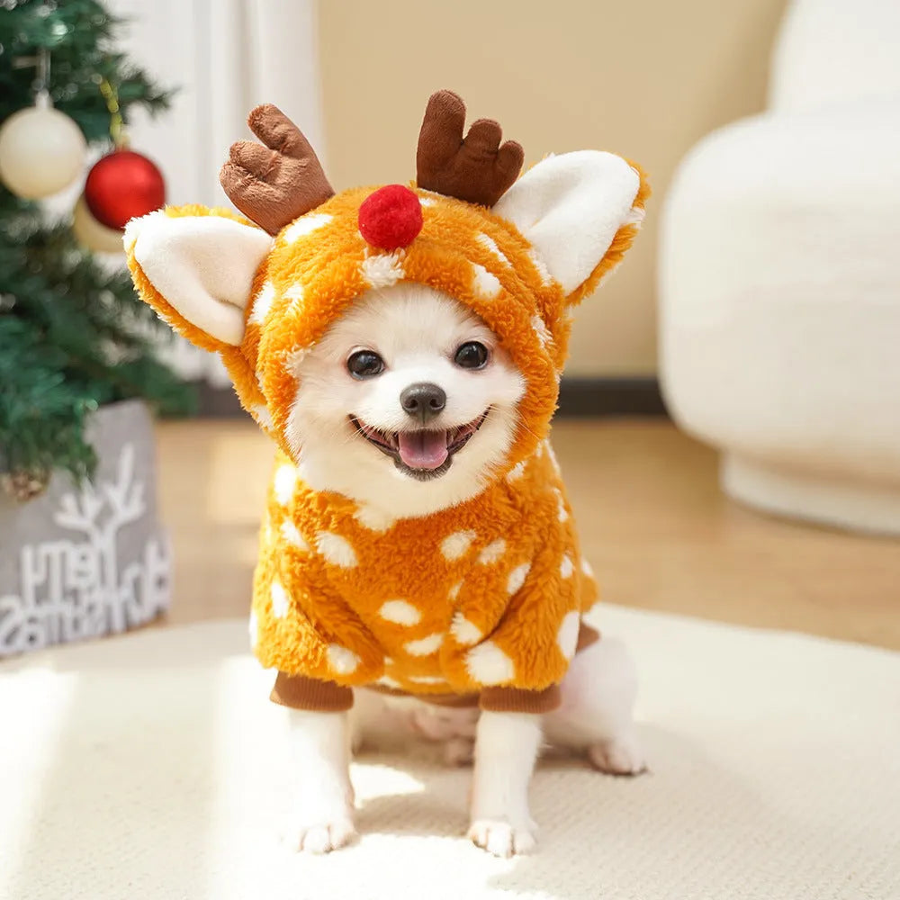 Elk design dog Christmas costume with fleece lining on a medium-sized dog.