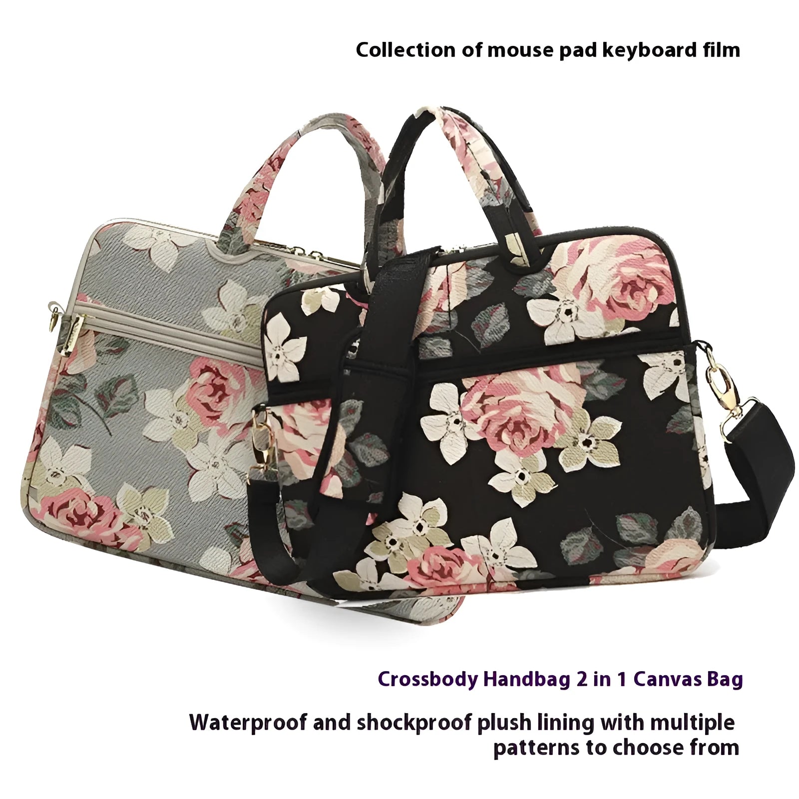 Canvas laptop sleeve with printed pattern for 13-15 inch notebooks, plush lining, and padded shoulder strap