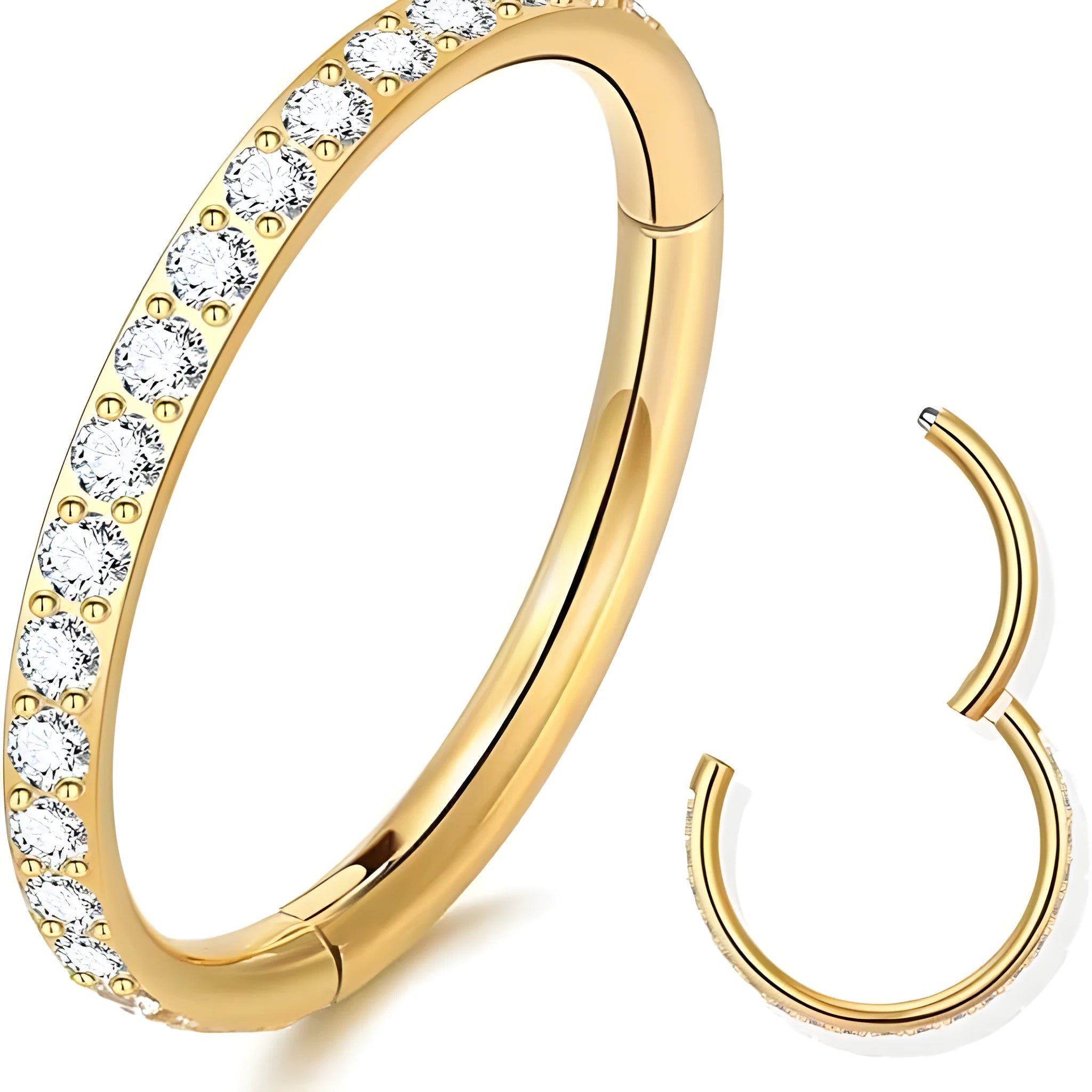 Stainless steel seamless nose ring with a small diamond on the front, shown in a gold finish.