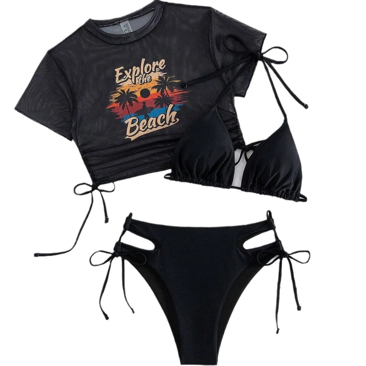 Women's three-piece bikini swimsuit set in black, showing short-sleeved top and pants.