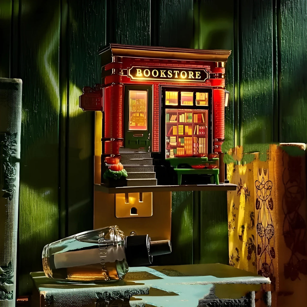 Small resin cartoon house night lamp ornament with a warm glow on a tabletop.