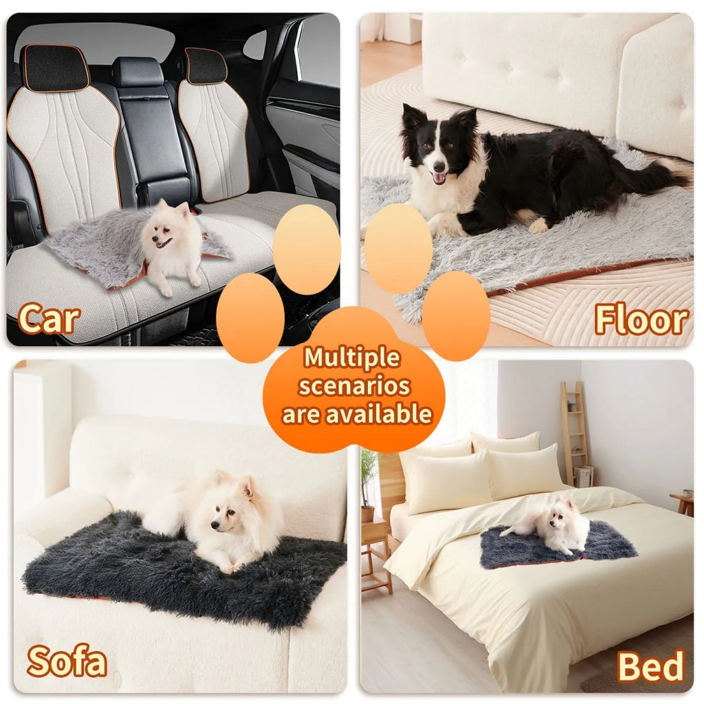 Grey velvet and plush pet blanket serving as dog bed and sofa cover with four size options